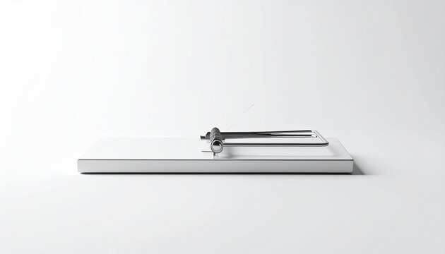 Minimalist white mousetrap with metallic spring mechanism on a clean white background