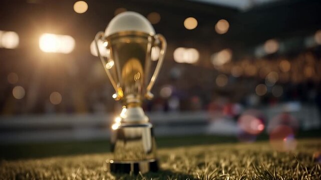 Ultra HD Close Up of a Scuffed Soccer Ball on Green Grass with Golden Championship Trophy in Blurred Stadium Background, Cinematic 4K Sports Victory Concept Video.