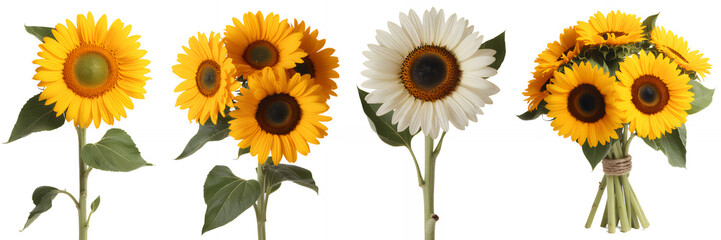Obraz premium Sunflowers and white daisies on white background bouquets yellow
