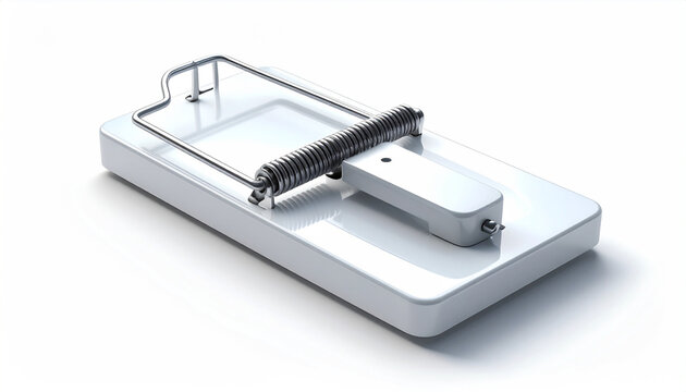 Modern white mousetrap with metallic spring and trigger mechanism on a white background