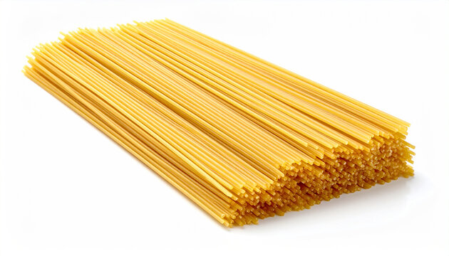 Neat arrangement of uncooked spaghetti pasta strands on a white background