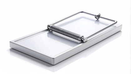 Open white mousetrap with metallic spring and trigger mechanism on a white studio background