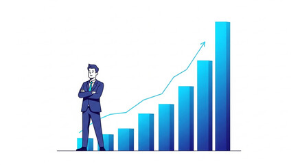 Confident businessman standing next to blue gradient bar business businessperson marketing financial office people 2d cartoon team new background download 2026 2027