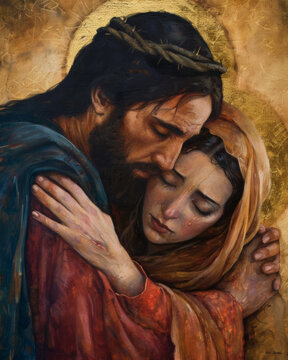 Mary embracing disciple after crucifixion,