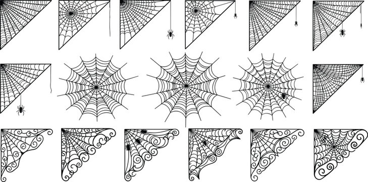 Halloween spider web corner borders and cobweb decorations with spiders, spooky gothic ornamental web elements vector illustration set