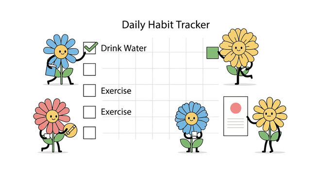Cute Flower Characters Tracking Daily Habits on a Grid Chart