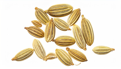 Obraz premium Scattered individual fennel seeds with visible texture and color variations on white