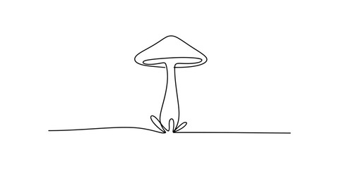 A single line drawing illustration of a mushroom with a cap and stem on a white background Vector, illustration © Single Line Art