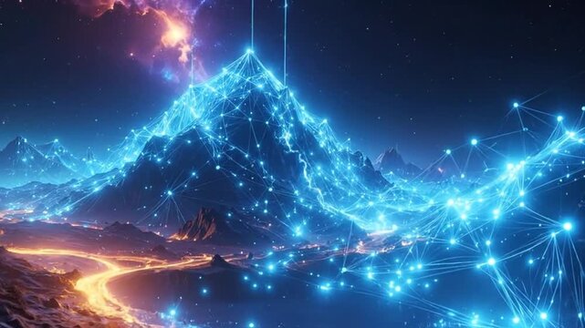Abstract digital landscape with glowing network connections and futuristic mountain range against a starry background.