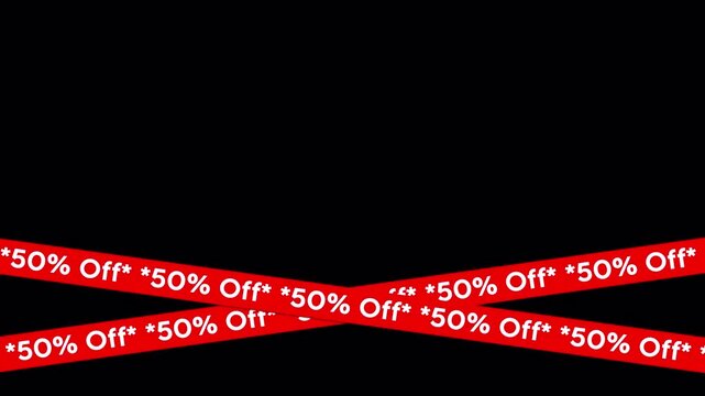 Red Ribbons with 50% Off Text Scrolling on Transparent Background