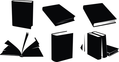 Book silhouettes vector set, stacked and upright books, open and closed icons, education graphics, literature design, reading illustration, publishing art © Habiba
