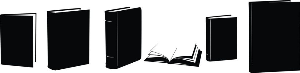 Book silhouettes vector pack, open and closed books, upright icons, stacked graphics, education design, literature illustration, reading concept, publishing art © Habiba