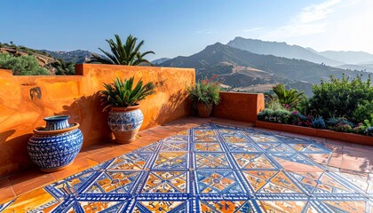 Fototapeta premium Terrace With Colorful Tiles Orange Walls Green Plants Mountain View Sunny Day
