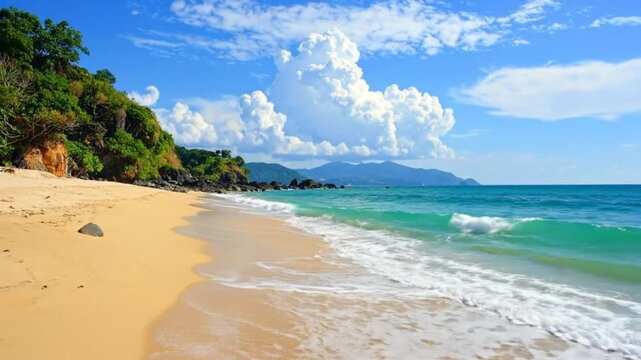 Beautiful tropical beach with golden sand, turquoise water, and a clear blue sky with f white clouds.