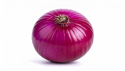 Single red onion with visible root fibers and textured skin on white