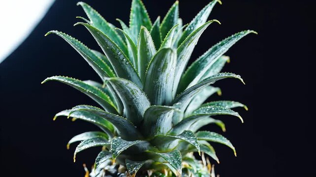 Fresh pineapple crown isolated on black background green leaf detail