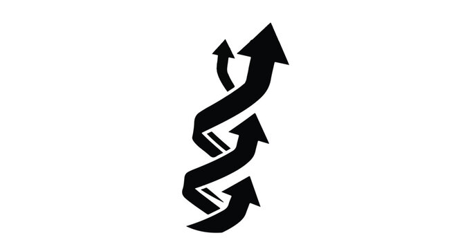 Three black arrows twist upward in a complex, interwoven helix formation signifying continuous growth and upward trajectory on a white backdrop.