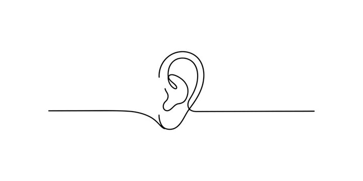 A minimalist one-line drawing of a human ear on a solid white background, symbolizing hearing and simplicity Vector, illustration