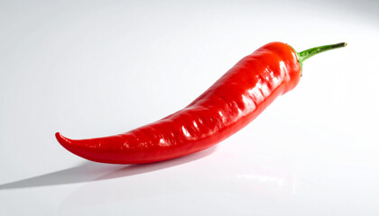 Single vibrant red chili pepper with a green stem on a reflective white surface