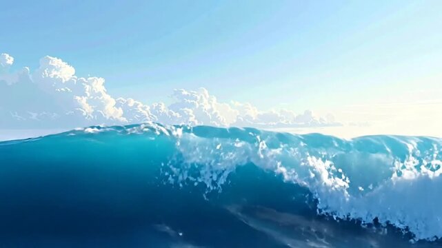 A serene depiction of the ocean under a bright blue sky, with gentle waves and f clouds.