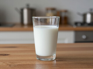 Glass of Fresh Milk on Wooden Kitchen Counter with Blurred Background Showing Cooking Pots and Appliances Natural Food Photography