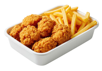 Chicken nuggets with fries in a white container isolated on transparent background,png,PNG
