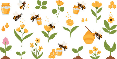 Cute Cartoon Bees Collecting Honey from Flowers with Honey Jars, Beehive, Honeycomb, Leaves, and Garden Plants Sweet Nature Vector Illustration Set © MdMojnu
