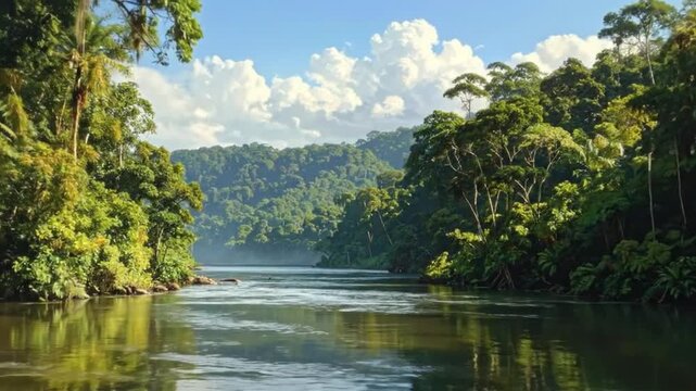 A serene river flows through a lush, green rainforest under a bright blue sky with f clouds.