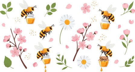 Cute Cartoon Bees Collecting Honey with Spring Flowers, Cherry Blossoms, Daisies, Leaves, and Honey Jars Sweet Pollination Vector Illustration Set © MdMojnu