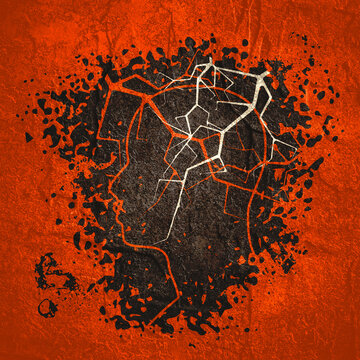 Powerful intelligence with an electric lightning bolt strike in the shape of a human head. Brain function neurology health care symbol. Man has a changeable mood.