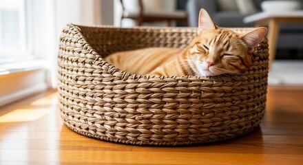 Fototapeta premium Ginger Tabby Cat Napping Comfortably in Woven Basket on Hardwood Floor