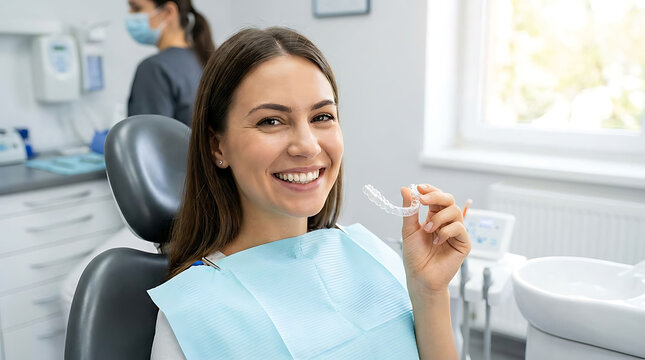 A smiling woman holds a clear dental aligner while sitting in a dentist's chair during a checkup