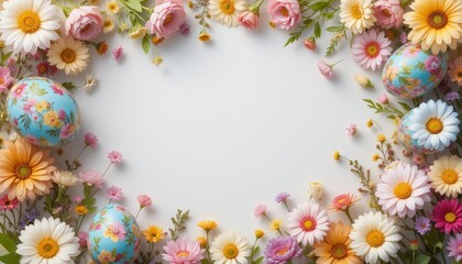 Fototapeta premium Colorful spring floral frame with decorated Easter eggs on a white background