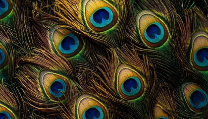 Obraz premium Close-up of iridescent peacock feathers with distinctive eye patterns