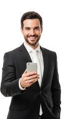 Professional man smiling while holding a smartphone isolated on transparent background,png,PNG