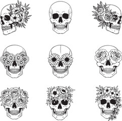 Fototapeta premium Set of skulls with flowers black Outline Vector. Collection of human skull portrait with floral wreath. Vector illustration isolated on white background