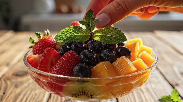 Vibrant fruit salad bowl on wooden table fresh berries and tropical slices