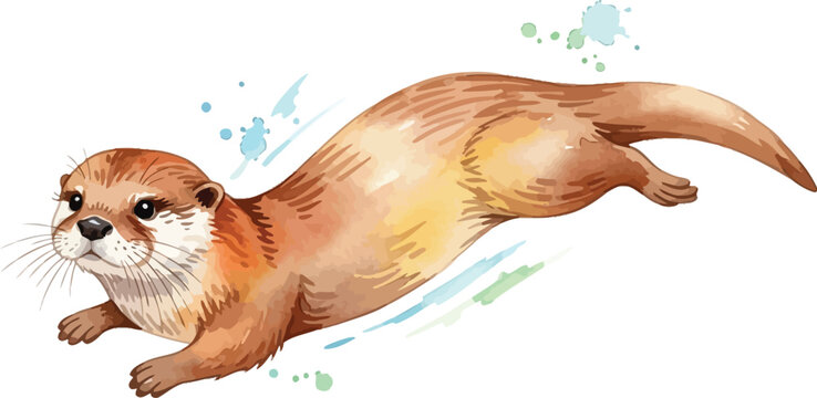 A playful otter is depicted in a dynamic pose, surrounded by colorful watercolor splashes.