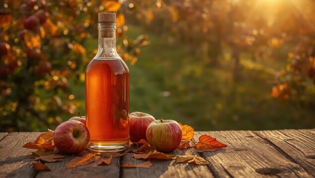 Apple cider vinegar in a glass bottle on a table