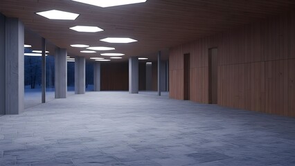 六角形照明が並ぶモダンな公共施設の広いロビー