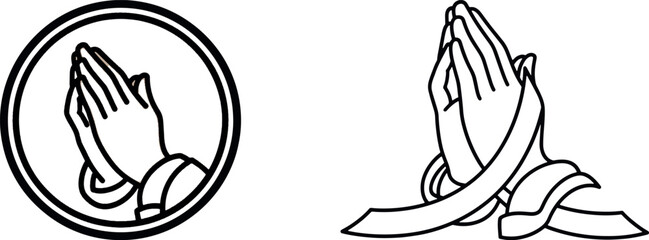 Fototapeta premium Praying hands with ribbon and circular frame, religious hope and spiritual faith vector line art icon set