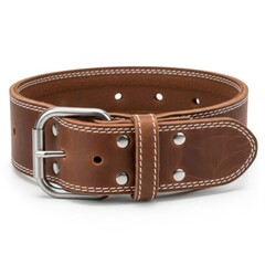 Brown leather belt with silver buckle and white stitching