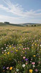 Obraz premium Serene Meadow Filled with Colorful Wildflowers under Clear Blue Sky with Gentle Hills and Scattered Trees in Background