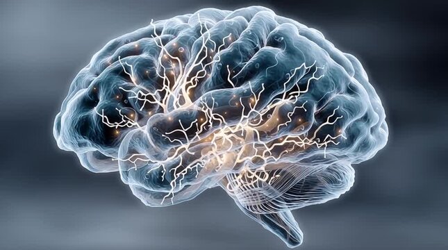 Brain's Neural Network: A transparent rendering of a human brain with a detailed neural network illuminating the intricate pathways of thoughts and information processing.