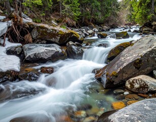 Mountain stream with flowing water over rocks in a forest during daytime