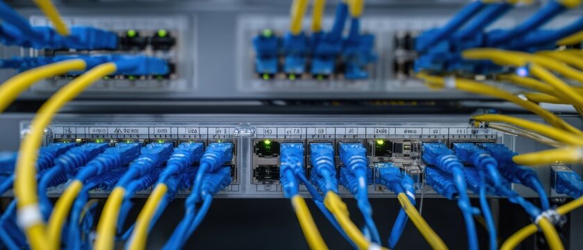 The network switch with blue fiber optic patch cables in a data center rack
