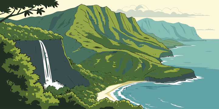 Kauai Lush Cliffs and Waterfall Coastline Panorama &ndash; Tropical Hawaiian Island Scenery with Dramatic Na Pali Views, Emerald Ridges, and Majestic Pacific Ocean Landscapes