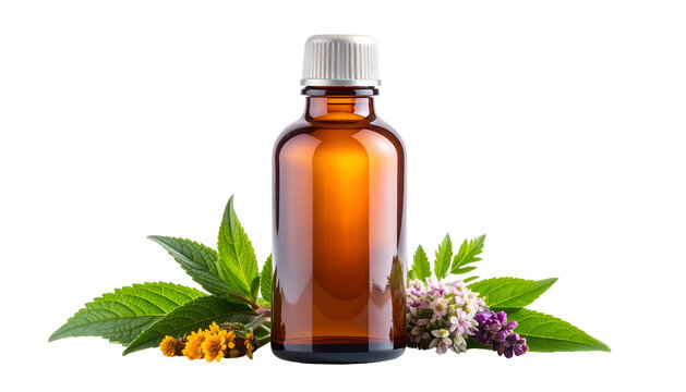 Amber apothecary bottle amidst vibrant greenery, promoting natural remedy concept