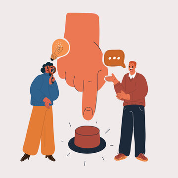 Cartoon vector illustration of a man and a woman standing next to a huge button being pressed by a finger, symbolizing activation, decision, or starting an action