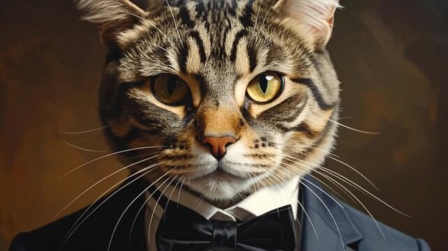 A distinguished cat in a formal suit and bow tie, posing with a serious expression against a dark background.